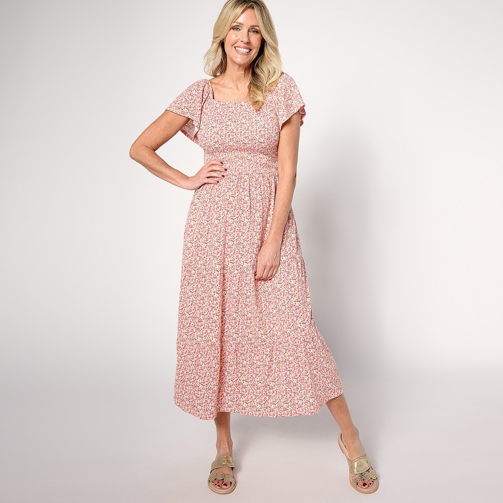 Denim & Co. Heritage Petite Printed Knit Gauze Midi Dress-Peach (Sz Pm) A633720